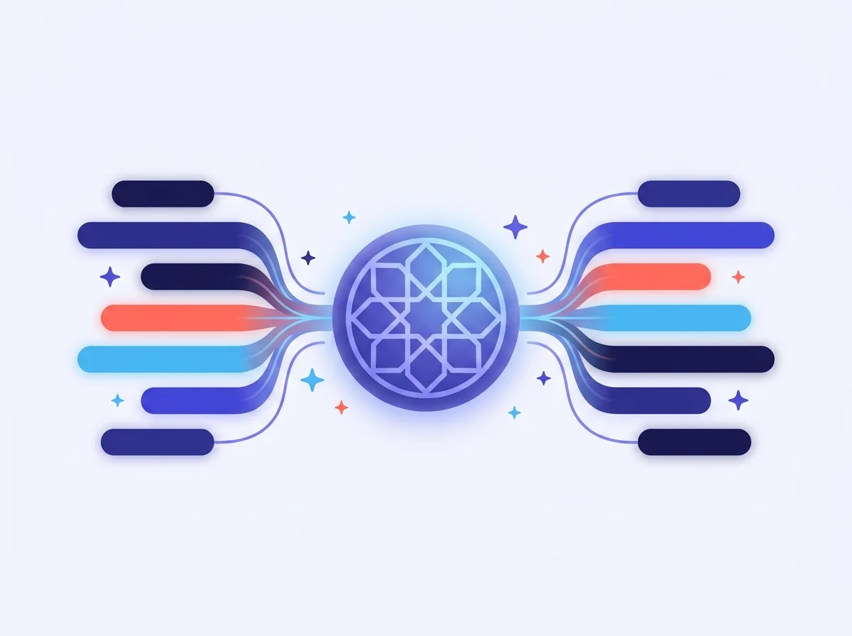 Two mirrored streams of bars meeting at a secure vault
